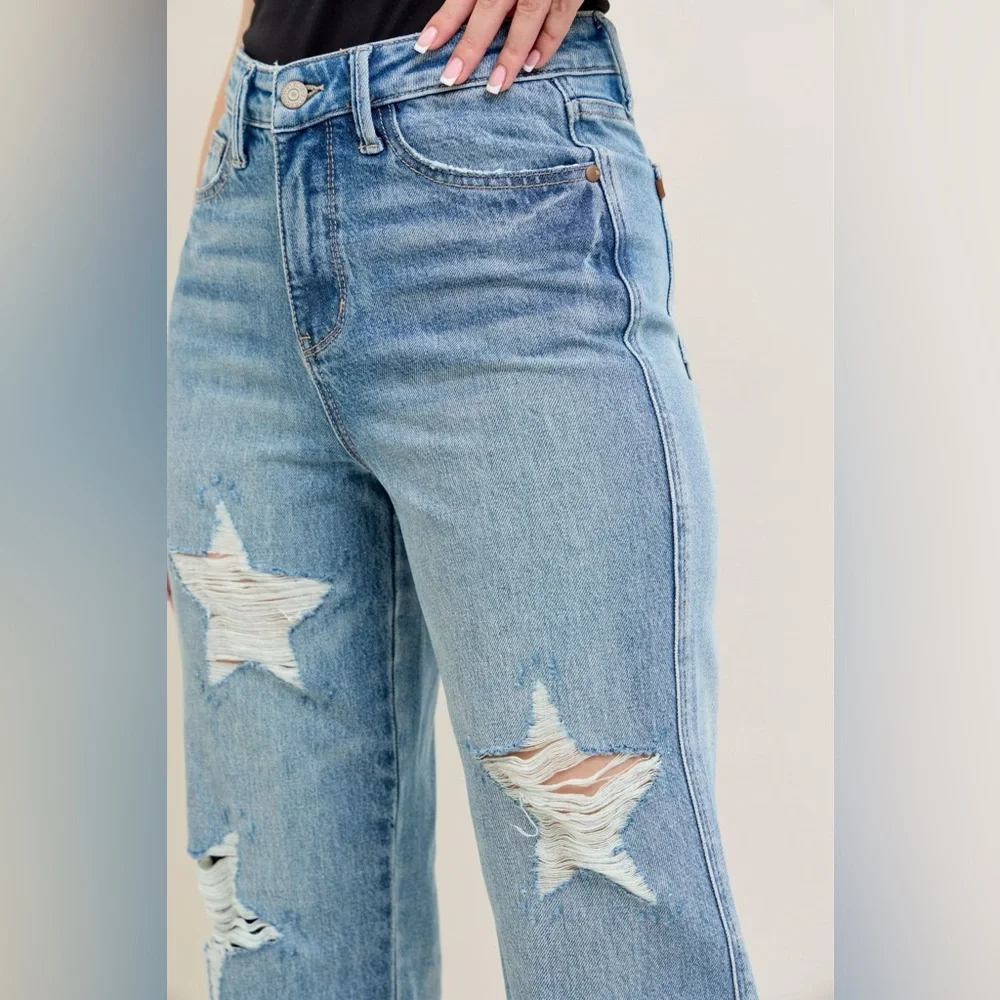 Judy Blue High Waist  Rigid Magic Star Shaped Destroy 90's Straight Jeans - Picture 7 of 9